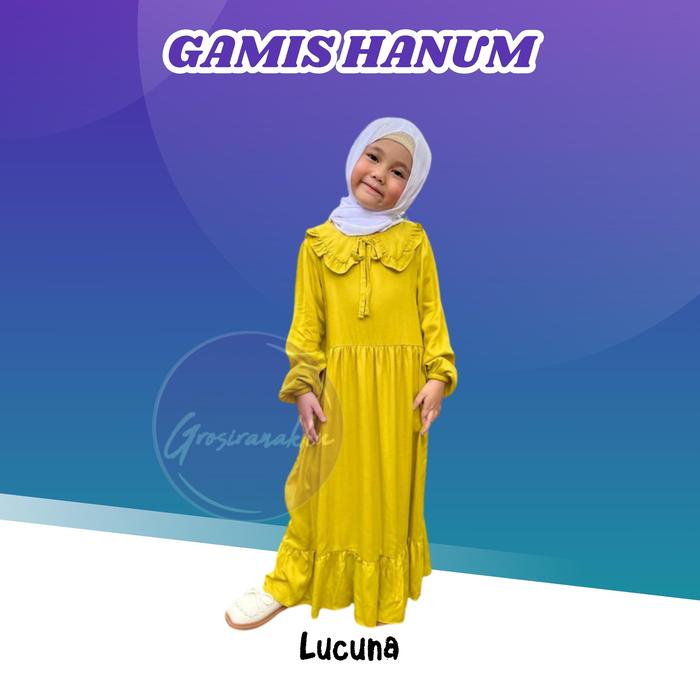 Geraigo- Gamis Rayon Anak Hanum Lucuna Warna Kuning Lime Size 2-10 Tahun Baju Cantik Muslim Syari