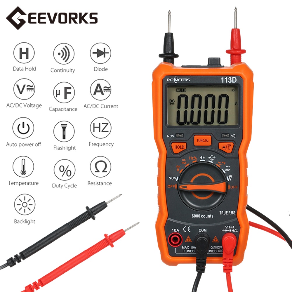 RICHMETERS RM113D Digital Multimeter 6000 Counts NCV Voltage Temperature Measuring Meter with Magnet