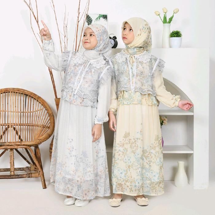 Sinarbarukids Gamis Anak Perempuan Raena Ceruty Motif Bunga + Rompi Tile Free Jilbab Segi Empat 3 -