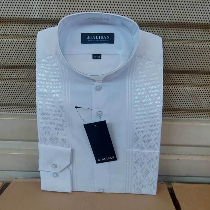 Kemeja Alisan Koko Bordir Putih Lengan Panjang