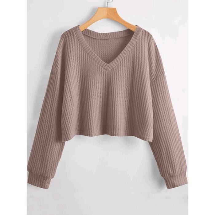 Sweater Crop Top waffle kerah V new arrifal Baju Nyaman Atasan Wanita setengah dada Simple