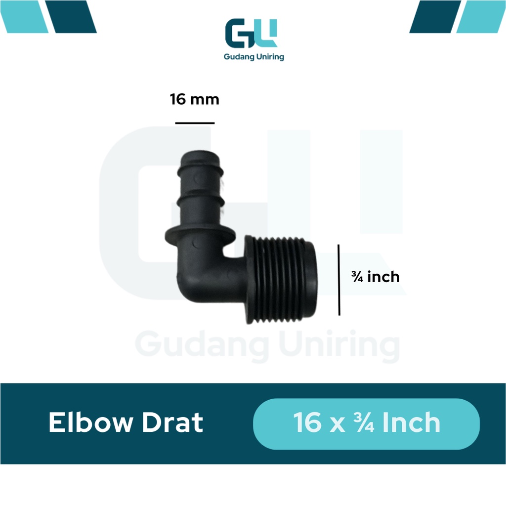 Konektor Drat L Elbow 3/4″ x 16 mm – sambungan pipa PVC 1/2″ ke selang PE 16 mm