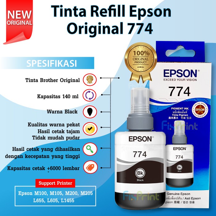 Tinta Print Epson Original 774 T774 T7741 Black Printer M100 M200 M105 M205 L655 Original Ori 100%