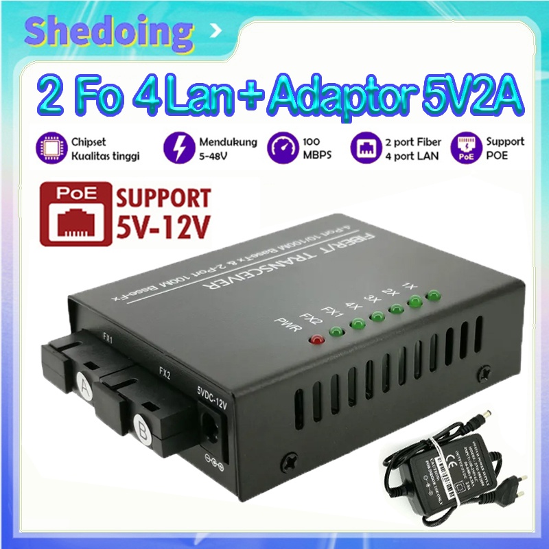 [POE] Media Converter 2 Fo 4 Lan Htb 2 Fo 4 Lan 10/100 Mpbs Ethernet Switch Adaptor 5V2A Htb 2fo