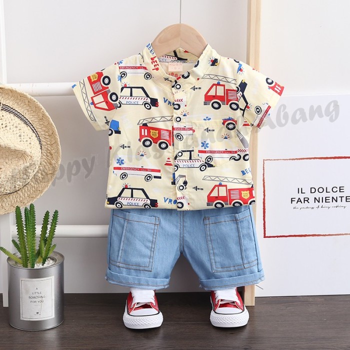 SETELAN BAJU KEMEJA BAYI COWO LAKI LAKI LENGAN PENDEK IMPORT KOREA
