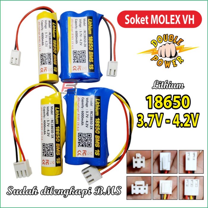 Baterai Lithium 18650 3.7V maxs 4.2V 6000mAh, Batre EDC, Batre Speaker, Soket Molex VH 2 pin & 3 pin