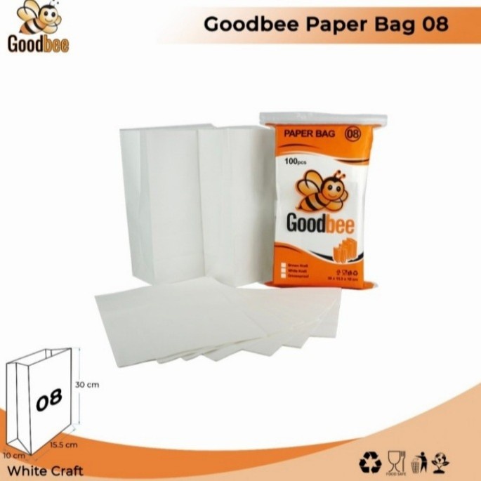 

party- SOS BAG Goodbee 08 WHITE KRAFT - KANTONG KERTAS ROTI 100pcs PUTIH