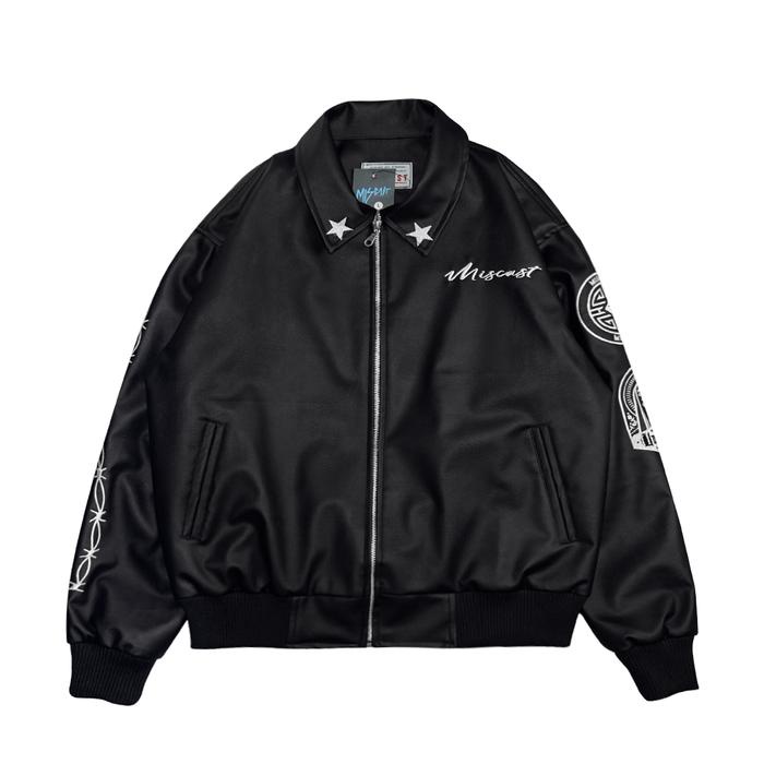 Miscast Leather Varsity Jaket Vintage Phantom Black Full Bordir kulit motor bahan polos jaket bomber