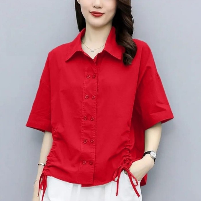 WK KEMEJA POLOS WANITA BIG SIZE LD. 110 BAJU ATASAN KERAH LENGAN PENDEK MERAH HIJAU PUTIH HITAM
