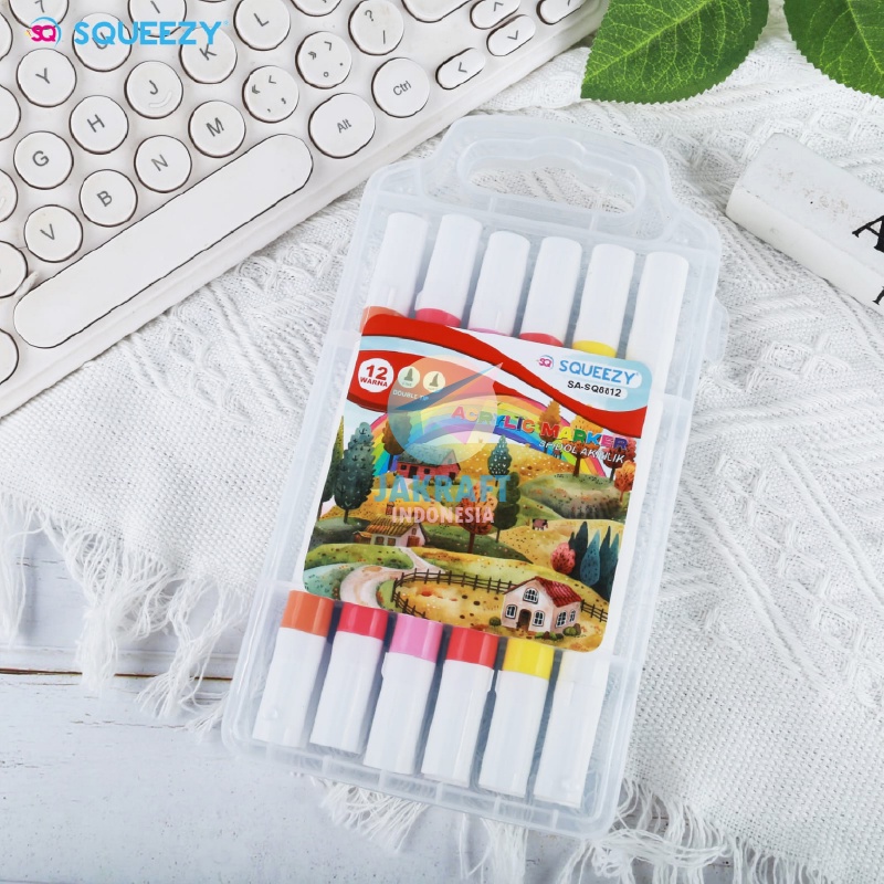 

(12 Pcs) Set Spidol Kuas Acrylic 2 In 1 Bullet & Brush Permanent Pen Marker 12 Warna Squeezy