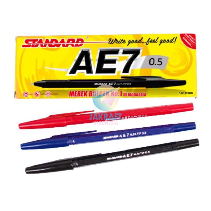 

(12 Pcs) GROSIR Pulpen Bolpen Pen STANDARD AE7 Hitam Black Biru Blue Merah Red Tebal 0.5 mm Oil Gel