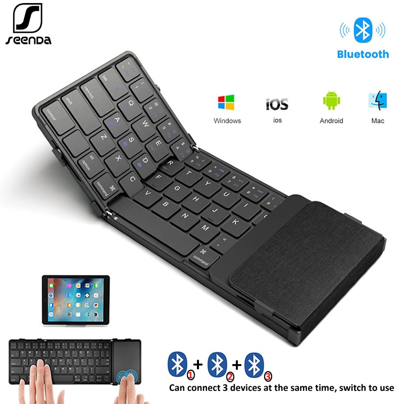 Seenda Tri-Folding Wireless Keyboard With Touchpad Rechargeable Mini Keyboard Foldable Keyboard For