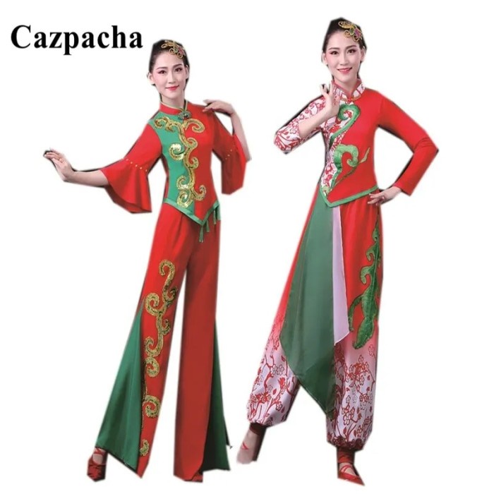 Chinese Folk Dance Costume National Long Dress Pant Set Adults Yangko