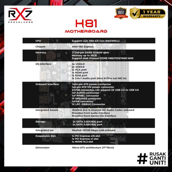MOTHERBOARD RX7 H81 LGA 1150 DDR3 MAINBOARD H81 SUPPORT NVME