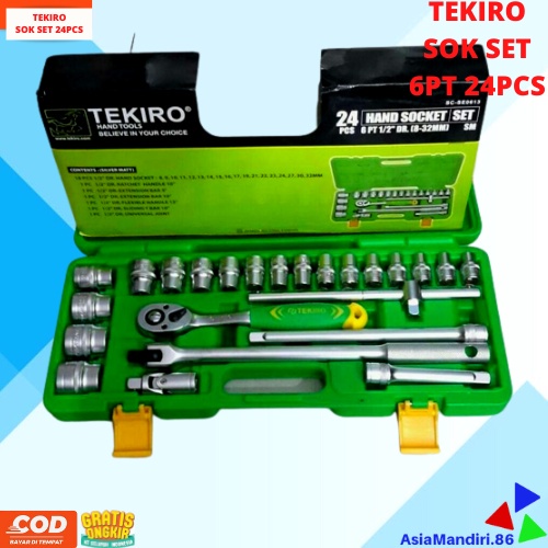 KUNCI SOK 24PCS SET SOCKET TEKIRO KUNCI SOK 6PT SET 24 PCS 8 - 32 MM FULL LENGKAP SOCKET TOOL KIT