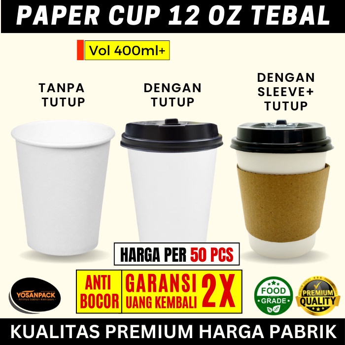 silahkan- Hot Paper cup 12 oz TEBAL dengan Tutup + Sleeve