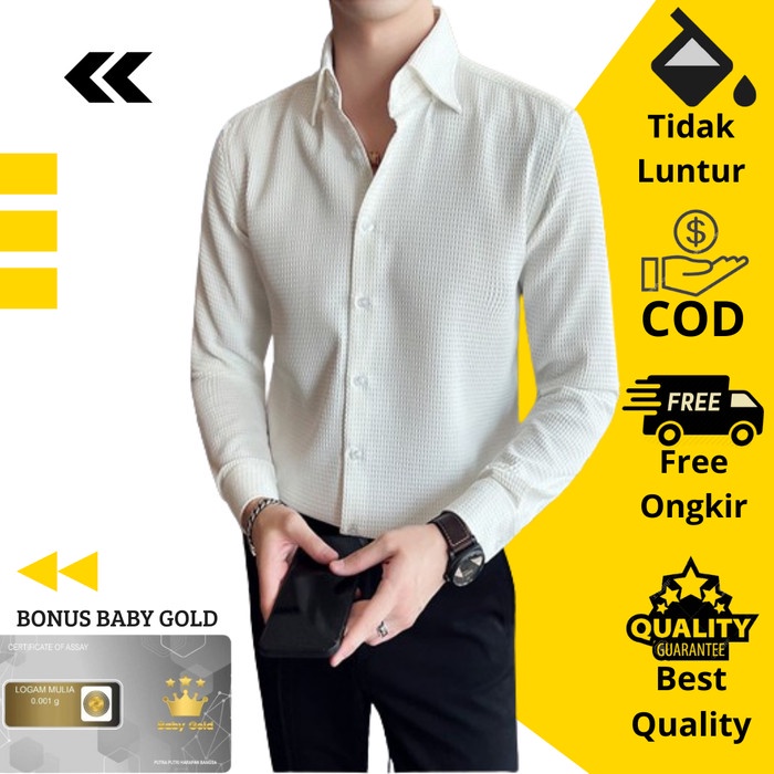 Navero-Baju Kemeja Pria Lengan Panjang Slimfit Bahan Wafle Knit Uniqlo Putih