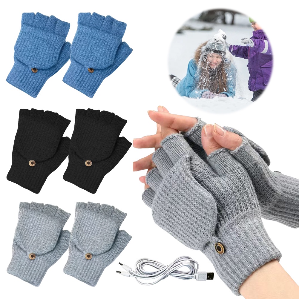 USB Heated Knitted Gloves Thermal Knitting Mitts Non-Slip Winter Cycling Gloves Thicken Flip Top Mit
