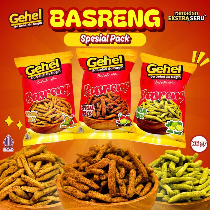 

JR673 Gehel Spesial Pack BASRENG 65gr - Cemilan Makaroni varian rasa Pedas Jeruk, Pedas Biasa, Asin