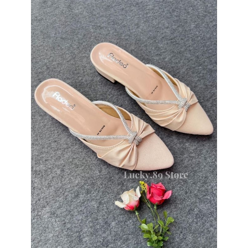FLADEO Sandal Selop Wanita Heel 3cm Mewah dan Elegant Pesta Shoes