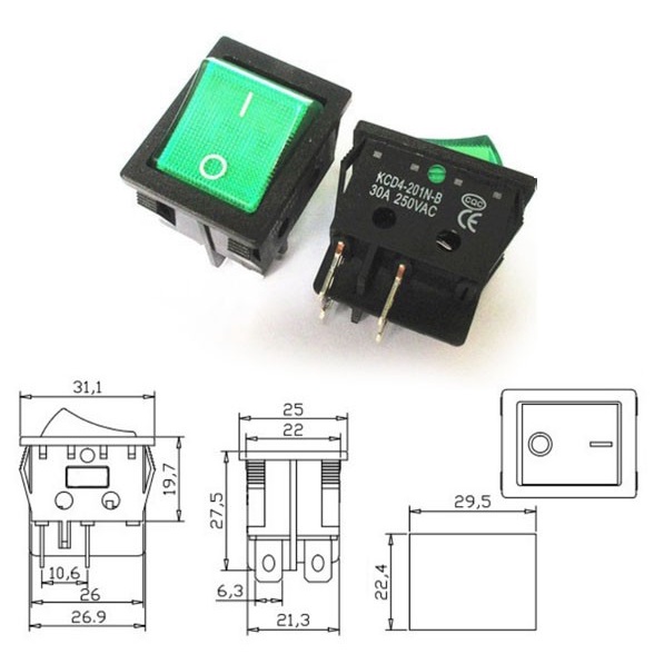 {{{{}}] Saklar Rocker Switch ON OFF 4 Pin 30A 250V Hitam - Lampu Hijau