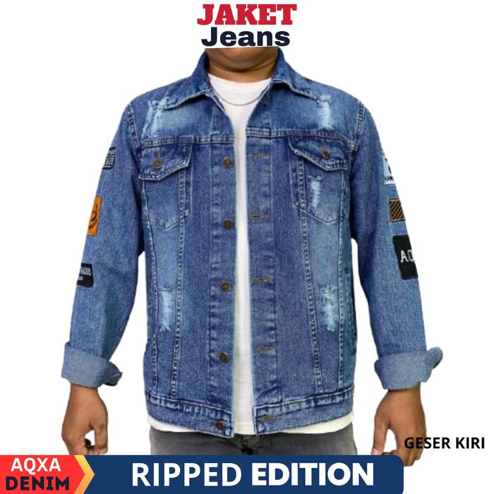 Lariss- AQXA Jaket Denim Jeans Pria Motif Sobek Bordir Slimfit Murah Keren Tebal jacket denim