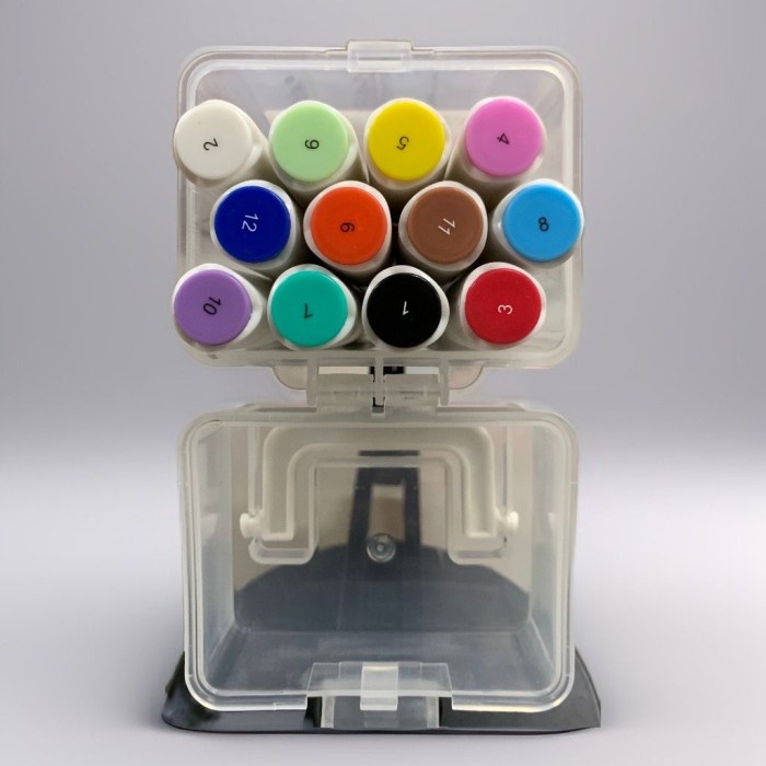 

~~~~~] aodemei acrilyc marker 12 warna double tip dual ( brush & spidol ) plastic box semua