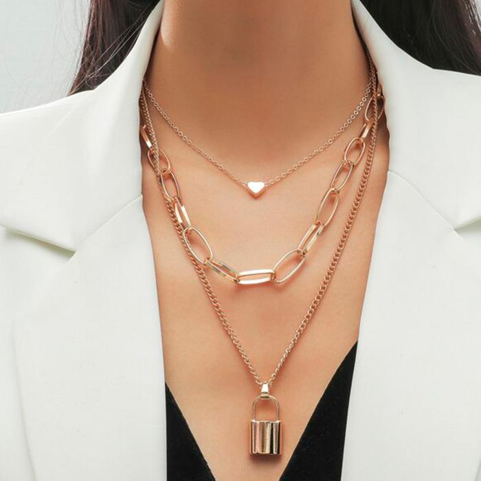 WTS- Gembok 3 Layer Necklace Kalung Rantai Wanita Pria Emas Perak Simple Aesthetic Aksen