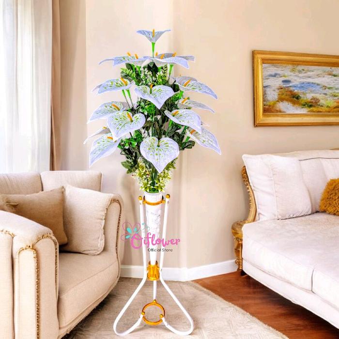 Bunga Anthurium Panda Satu Set Lengkap Dengan Pot/Vas Standing Besi Corong Plastik Hiasan Sudut