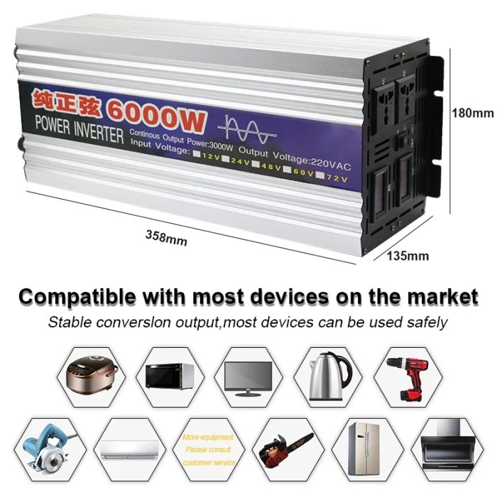TOP INVERTER DC TO AC 6000 WATT PURE SINE WAVE DC 12V KE AC 220V -
