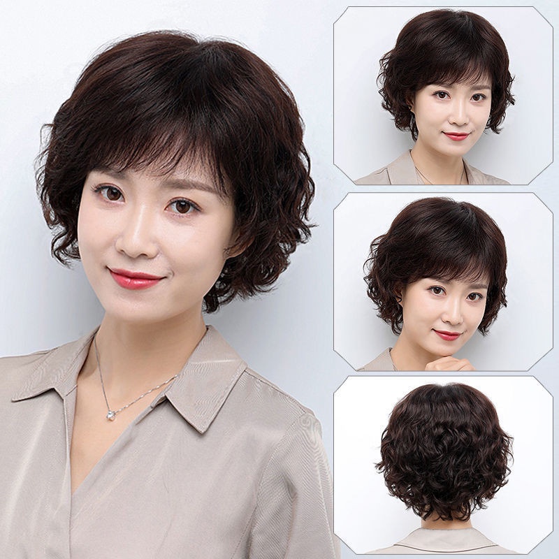 Wig Rambut Pendek Wanita, Wig Ibu Realistis, Rambut Keriting, Sisi Poni Halus Alami, Wig Kepala