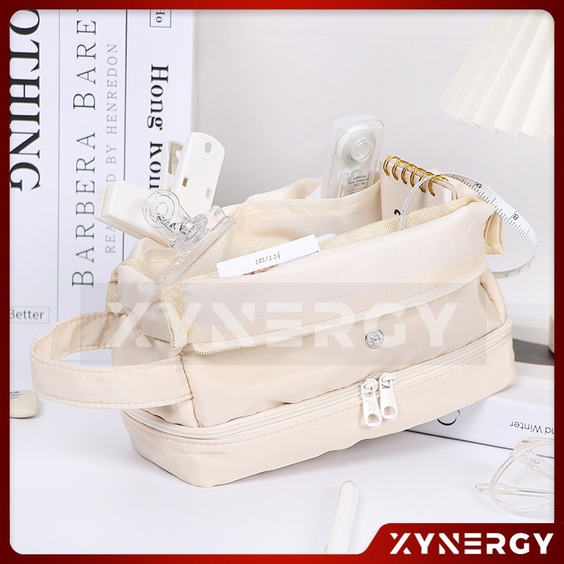 

Tempat Pensil Kapasitas Besar Model Tas dengan tali dan klip Organizer Alat Tulis Serbaa Warna Soft