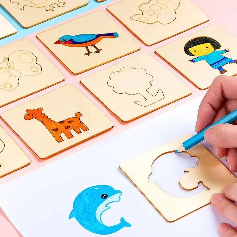 

32/20Pcs Kids Montessori Drawing Toys Wooden Diy Painting Template Stencils Educational Toys For