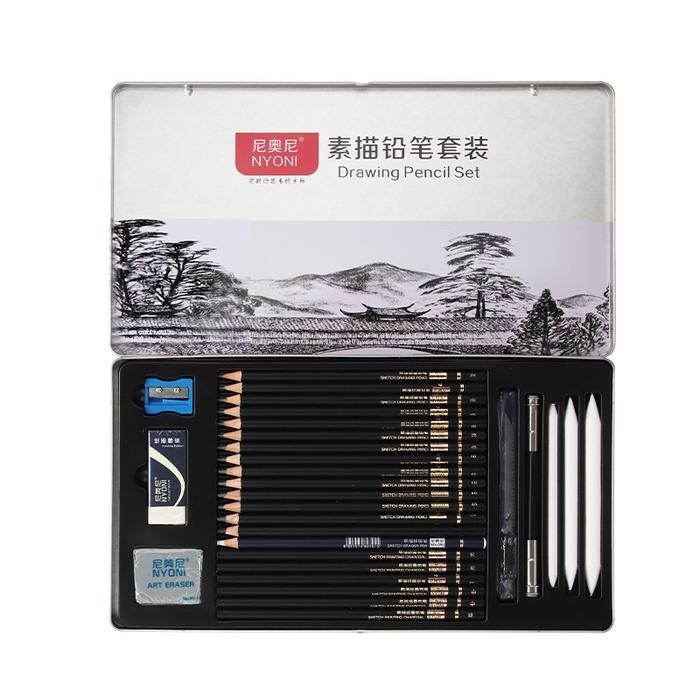 

ready stok nyoni drawing pencil gambar set 29pcs drawing sketch pencil set tin box pensil gambar