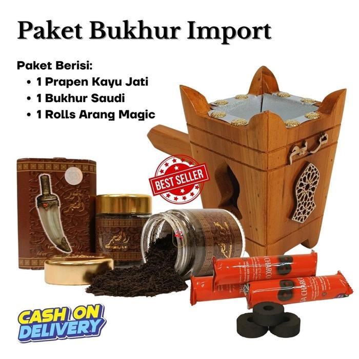 PREMIUM Paket Bukhur Lengkap Prapen Kayu Jati + Arang + Buhur Original Arab BO
