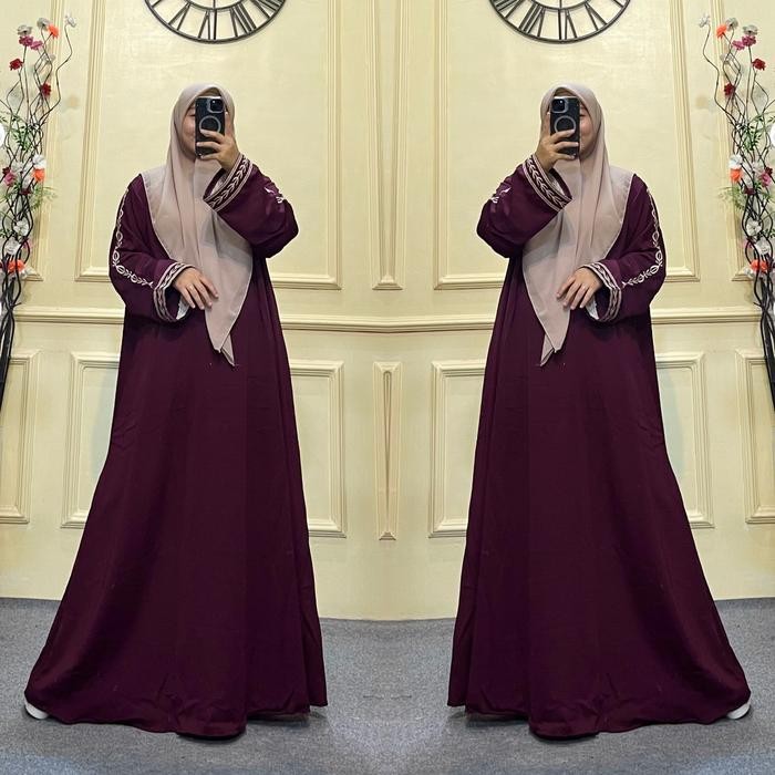 Mosya- Dress Polos Abaya Bordir Renda Hitam Flowly Gamis Polos Basic Simple Elegant