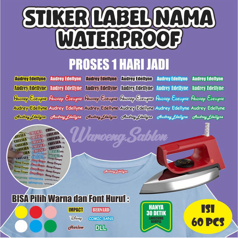 

UM1 AR139 Sticker Nama Label Printing Isi 60 Pcs Untuk di Kain / Kaos Sablon Setrika Gratis Custom