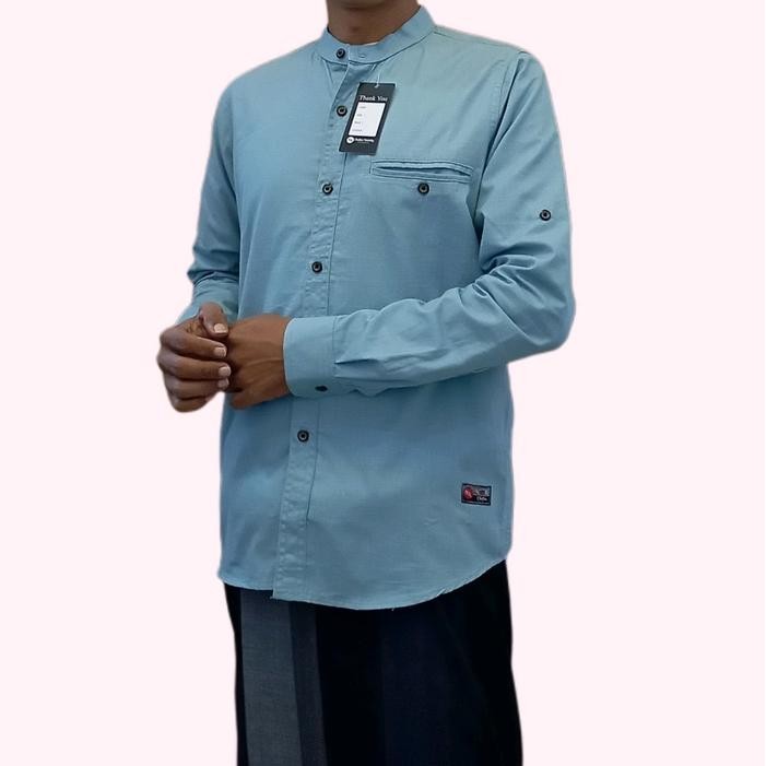 Zuhud- Kemeja koko dewasa warna biru Wardah lengan panjang Polos Pria Muslim Keren