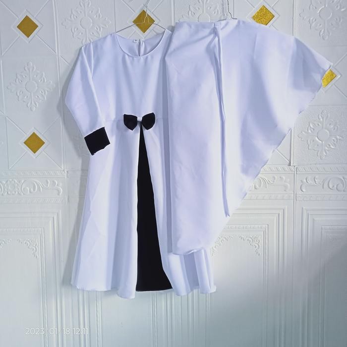 Hayya- Zikra kids Gamis anak putih set hijab bergo 2-10 tahun Hitam Polos Crepe Muslim Dress Baju