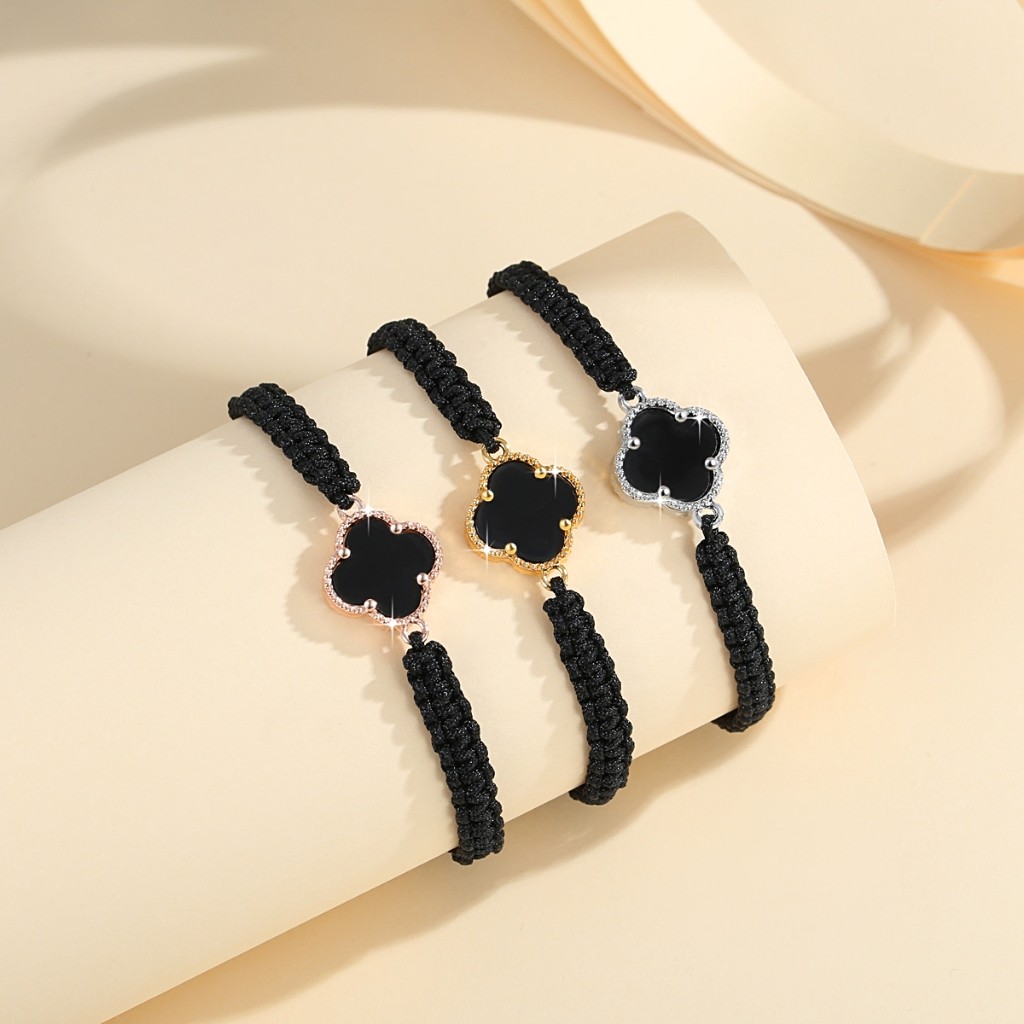 LM688 COD Gelang Wanita Titanium Dewasa Berlapis Emas Anti Luntur Gelang Tali Hitam Kristal Clover