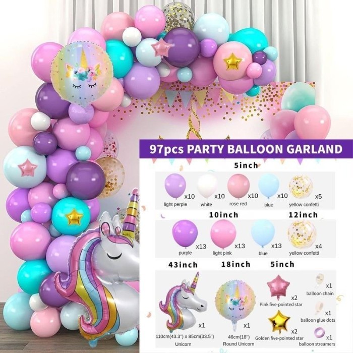 Tukuparty Set Balon Pelangi Unicorn Dekorasi Ulang Tahun Anak Perempuan Baby Shower Merah Muda Ungu