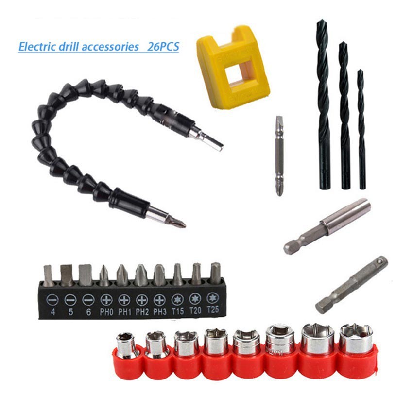 Purvisco - 20 / 26pcs Set Mata Bor Obeng Elektrik Dengan Selang Fleksibel Mesin Bor Screwdriver