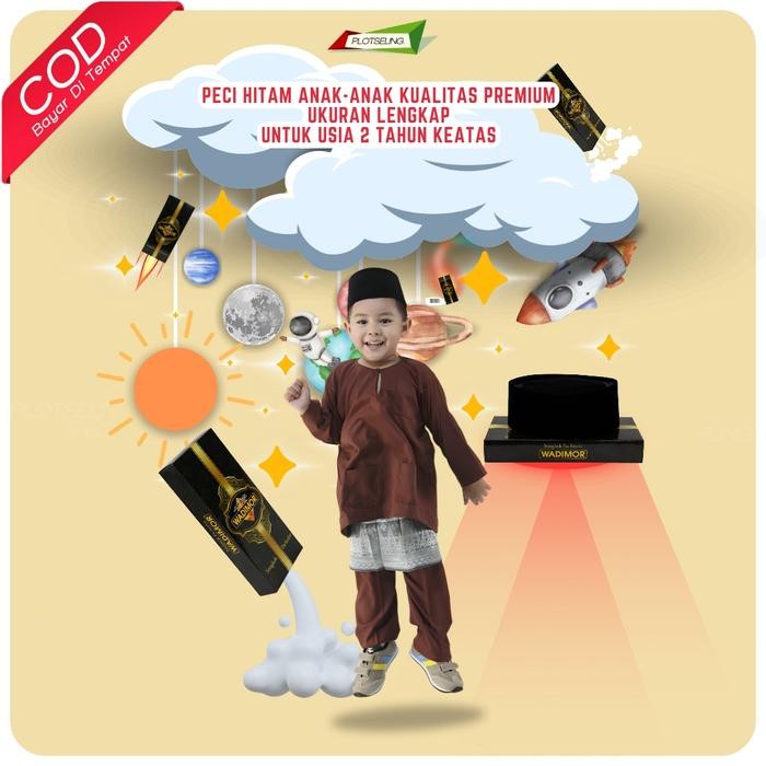 Elhaz- Peci Songkok Hitam Wadimor Polos Anak Laki Laki Terbaik Nasional Ori