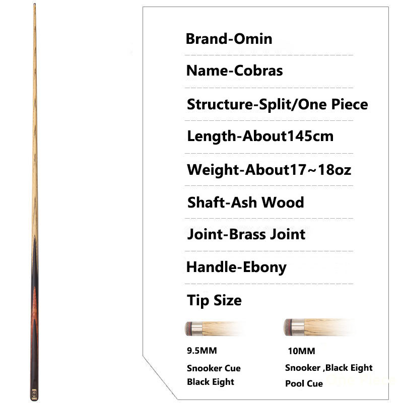 2023 New Arrival Omin Cobras Snooker Cue Stick One Piece 9.5/10mm Tip Size Ash Shaft Ebony Handle Wi