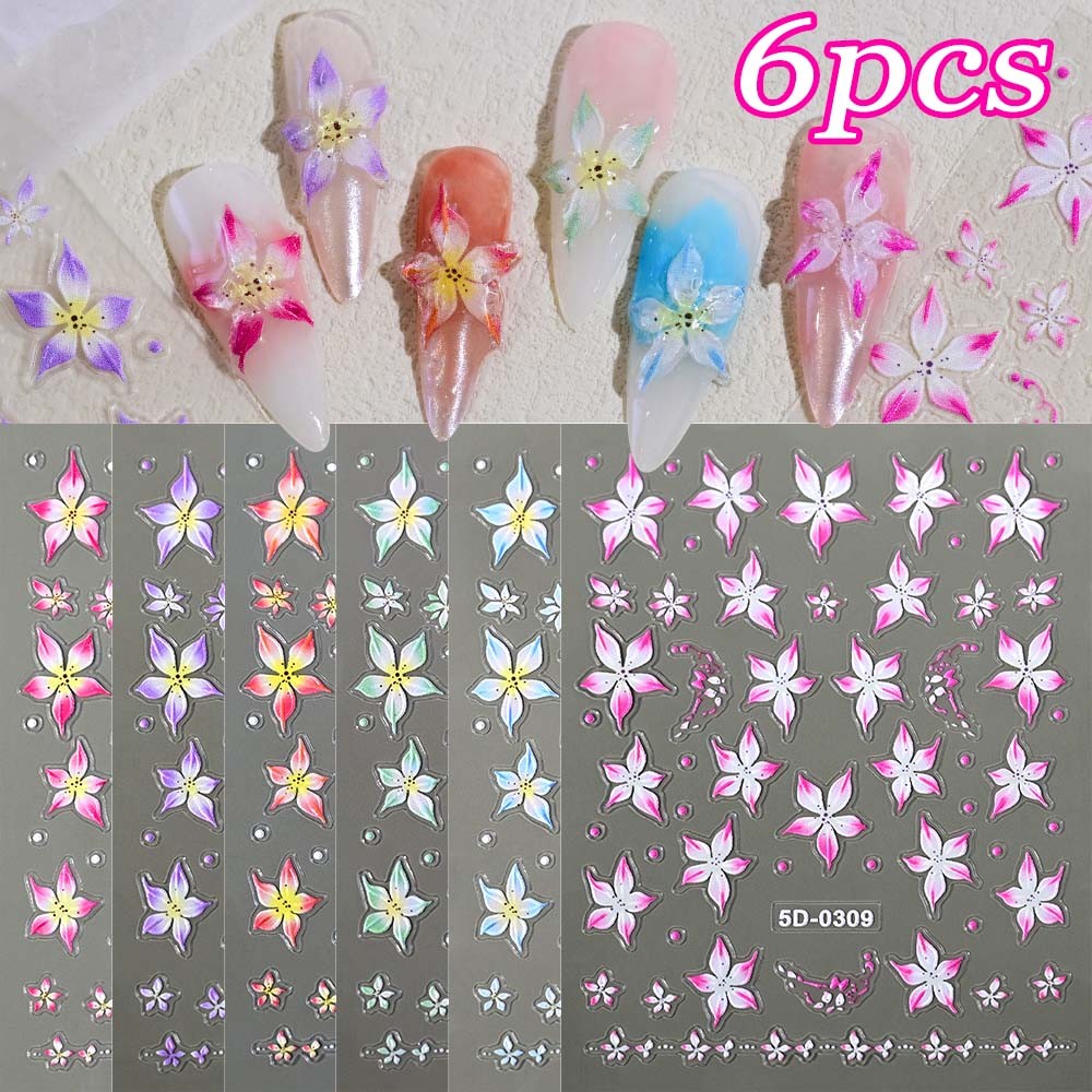 

6Pcs 5D Embossed Lily Flowers Acrylic Nail Stickers Pink/Purple/Blue/Green Petals Nail Charms Art