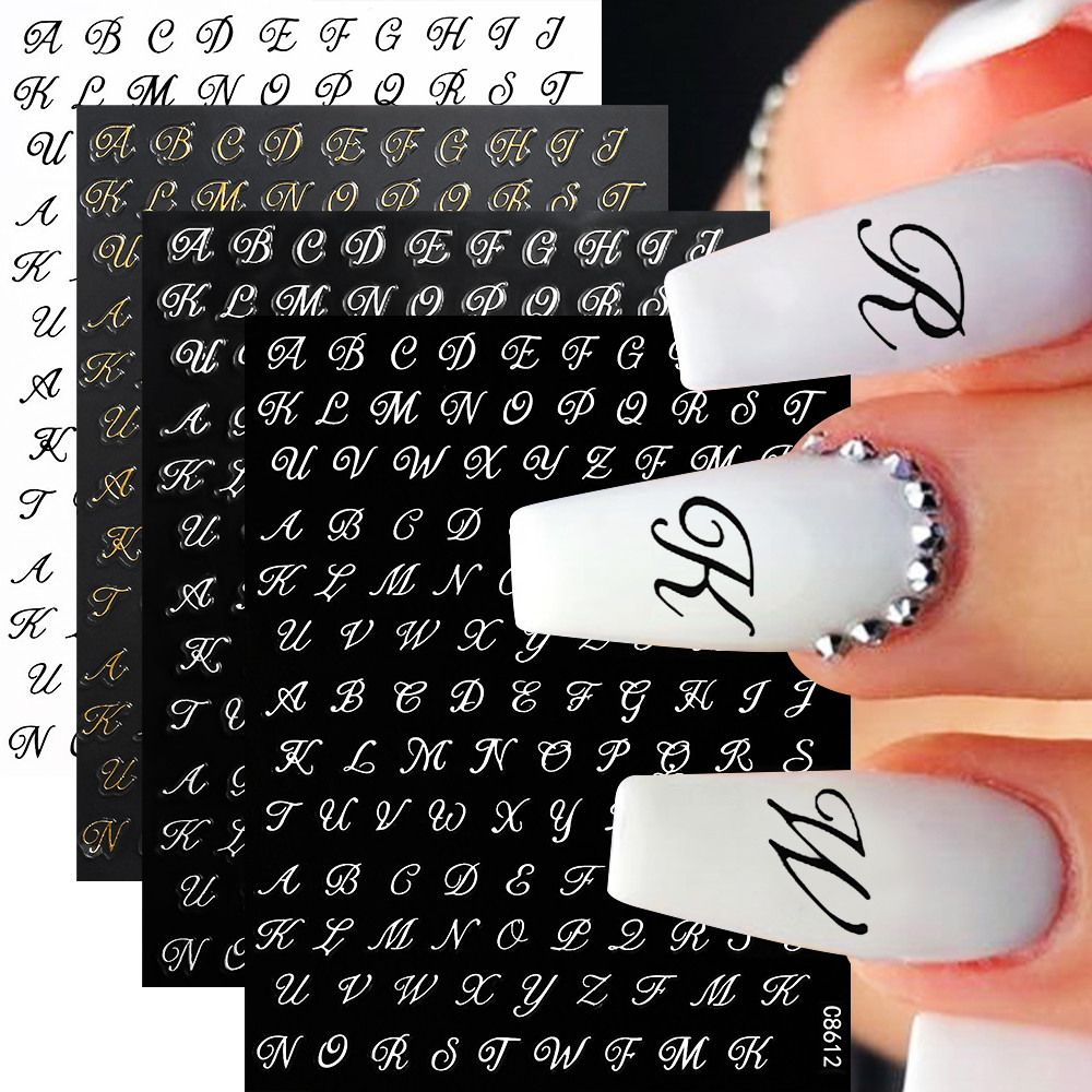 

4Pcs Roman Letter Nail Stickers Golden Silvery Black White Alphabet Self Adhesive Decal English