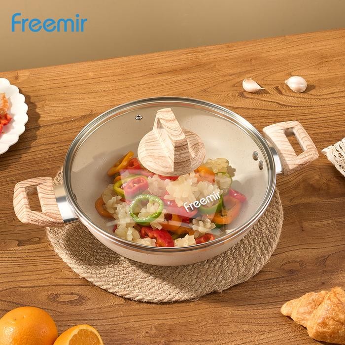 terbaru  [jabo sale] freemir wajan kuping 24 cm beige wajan anti lengket tutup kaca wajan panci