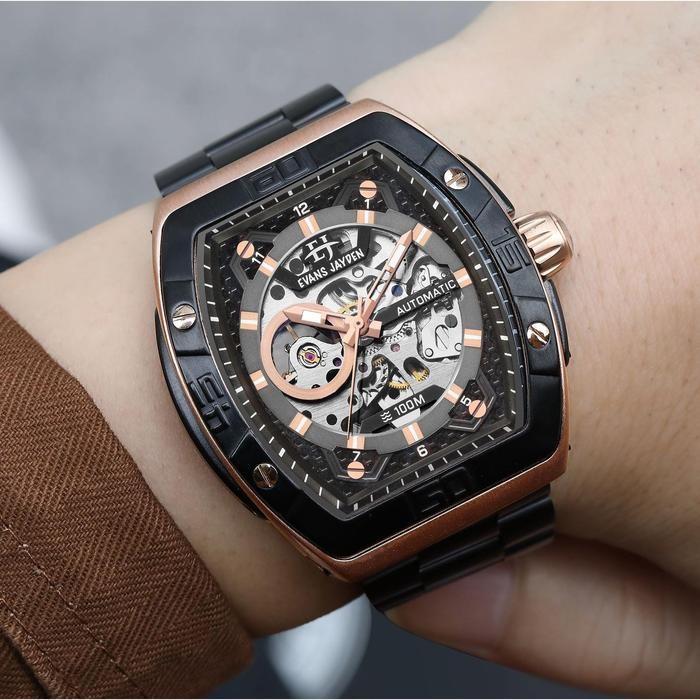 DISKON jam tangan Evans Jayden Jam Tangan Pria 9563 Rantai Automatic Movement Stainless Steel Kaca