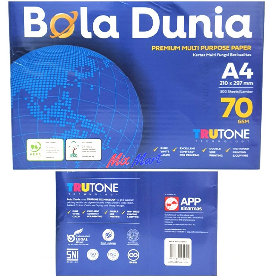 

Kertas HVS/ Kertas Copy Print A4 70 gram BOLA DUNIA (1 rim)
