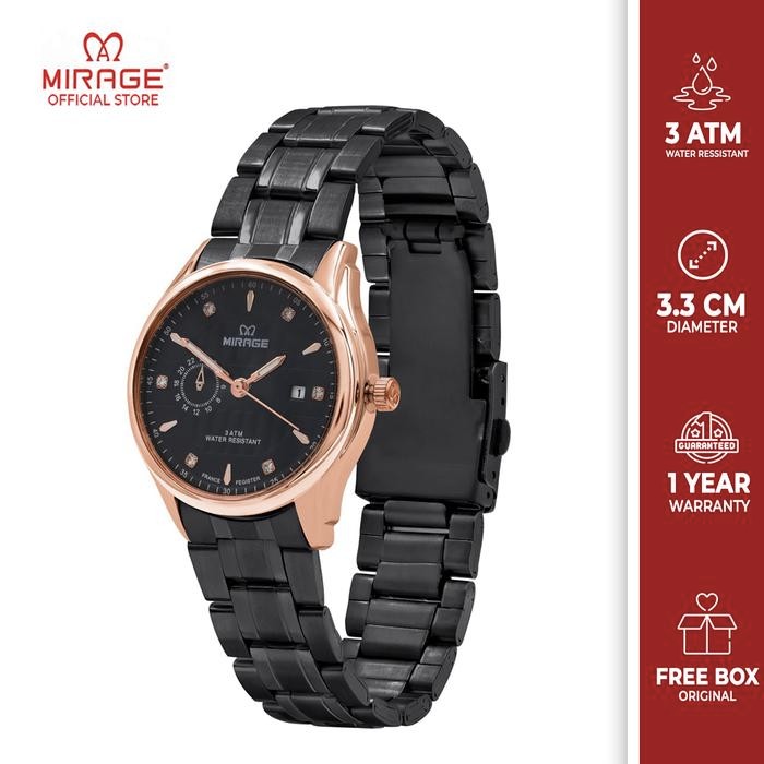 Mirage Watch - Jam Tangan Mirage Wanita Anti Air 8802 L Elegant Hitam Rosegold Stainless Analog